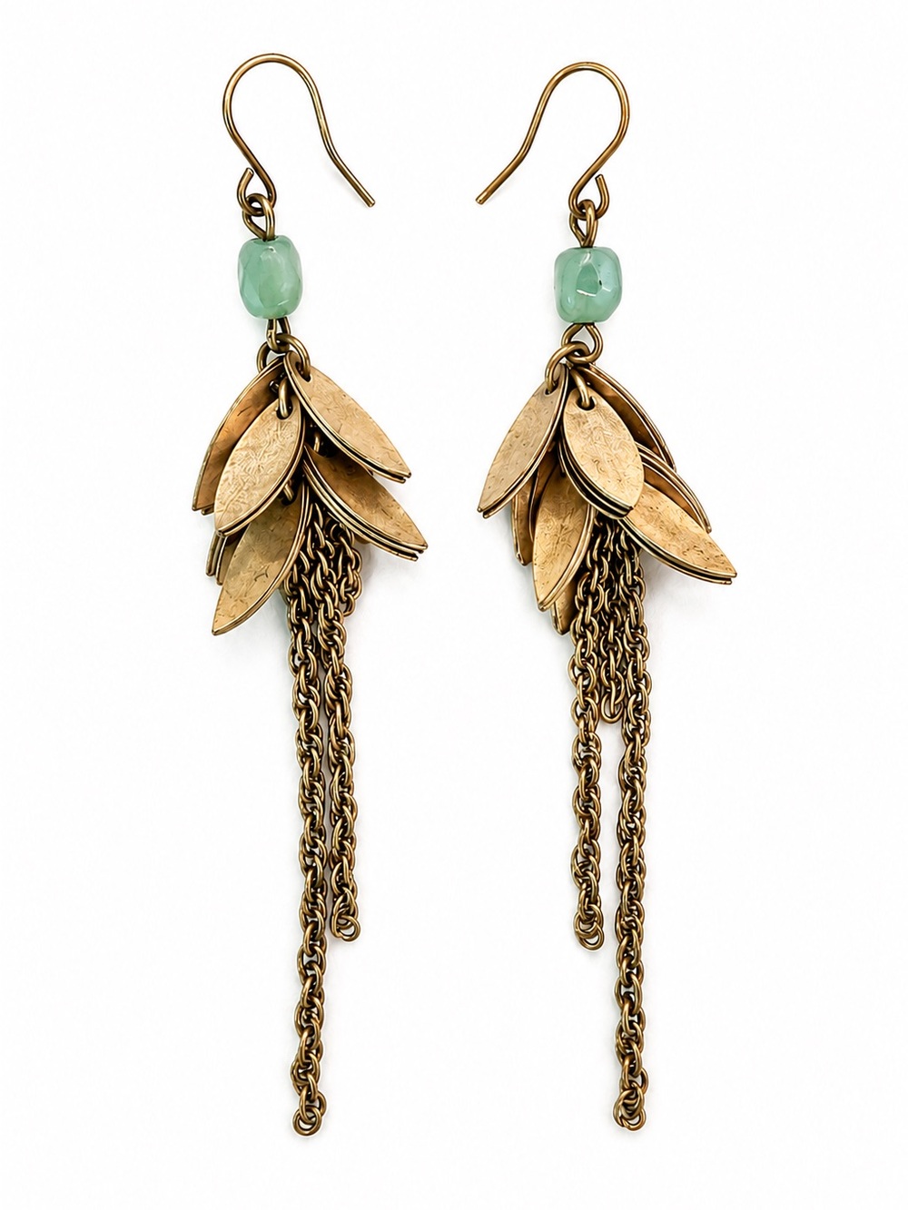 Boho Leaf & Chain Tassel Dangle Earrings Aqua Bead Antique Bronze Tone